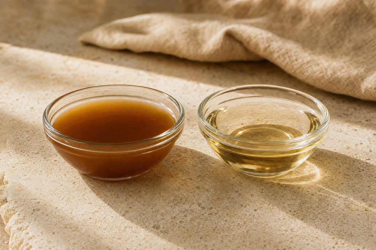 Two glass dishes on pale stone: a cloudy dark amber liquid beside a clear pale gold one