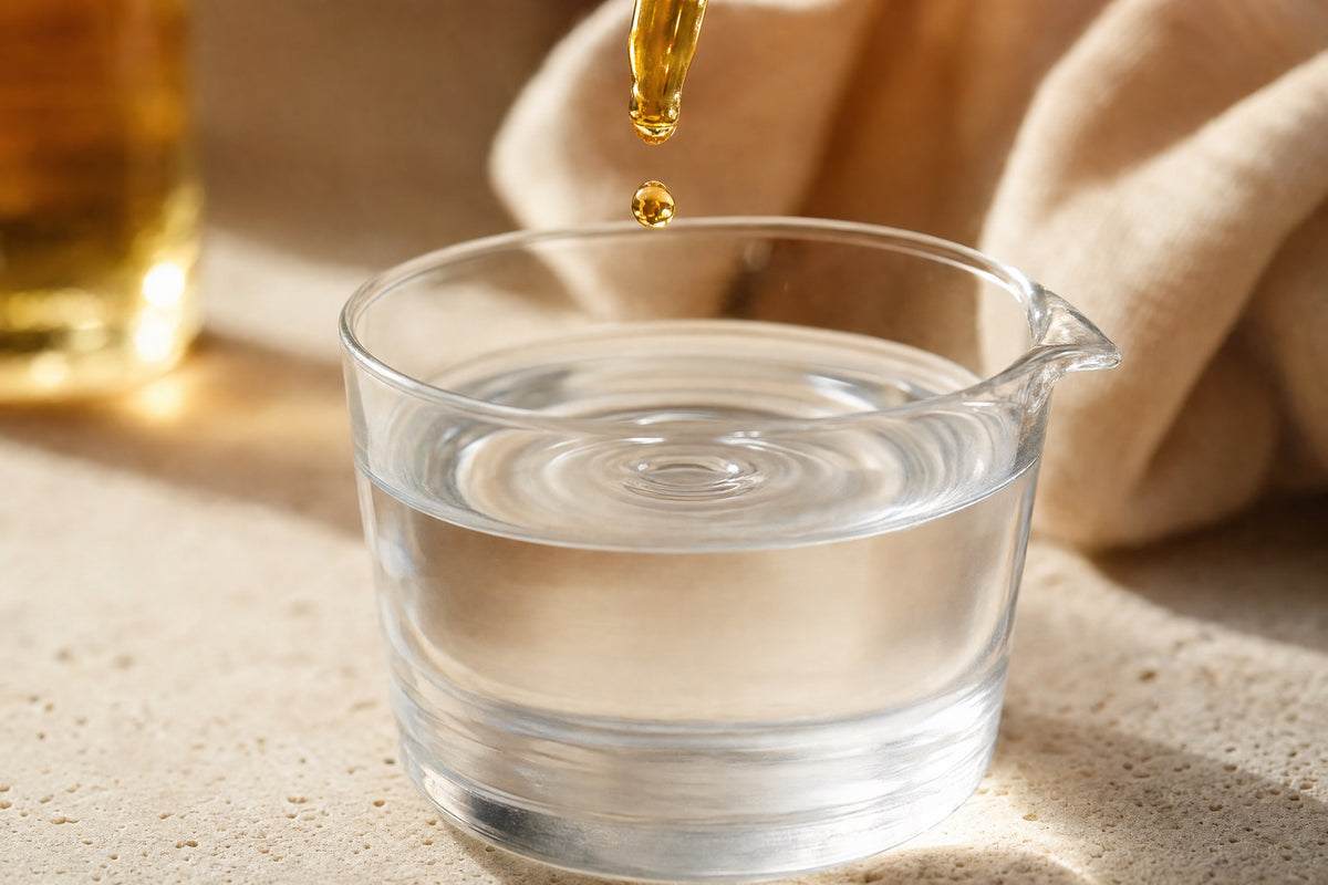 A drop of amber oil falling into a glass of clear water