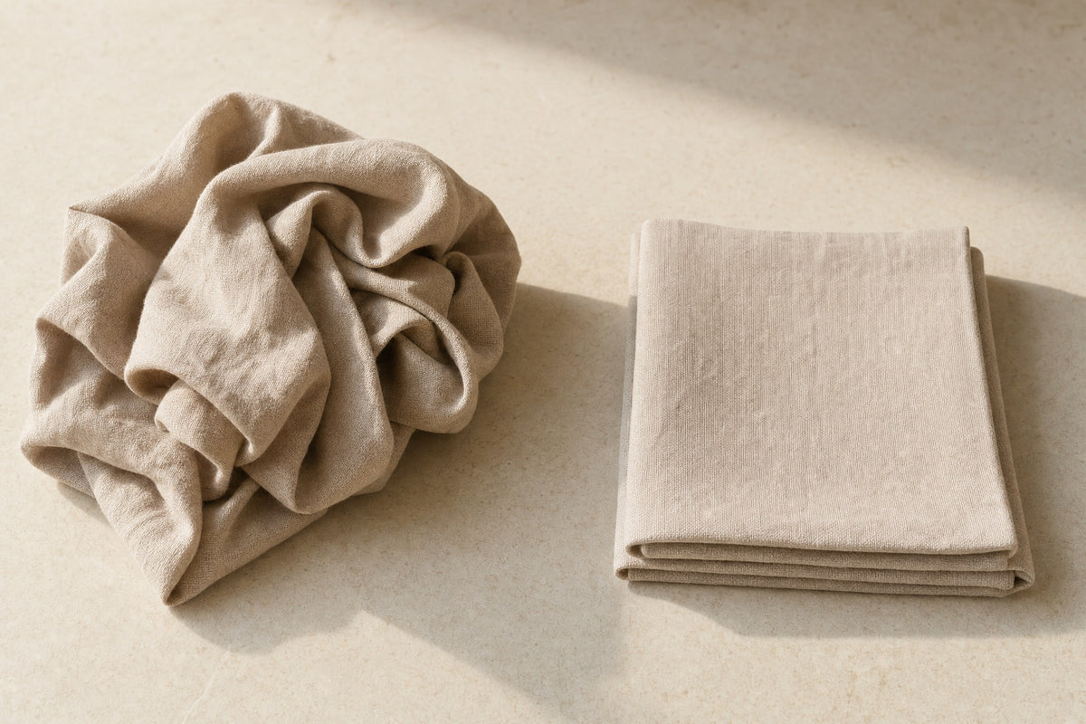 Two linen cloths on stone, one crumpled into a knot and one folded flat