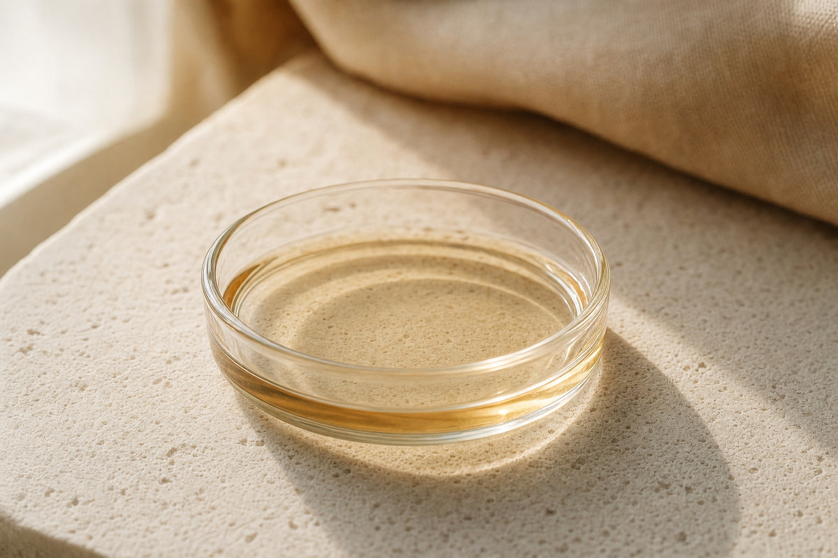 A glass petri dish holding a thin film of pale amber liquid on warm stone