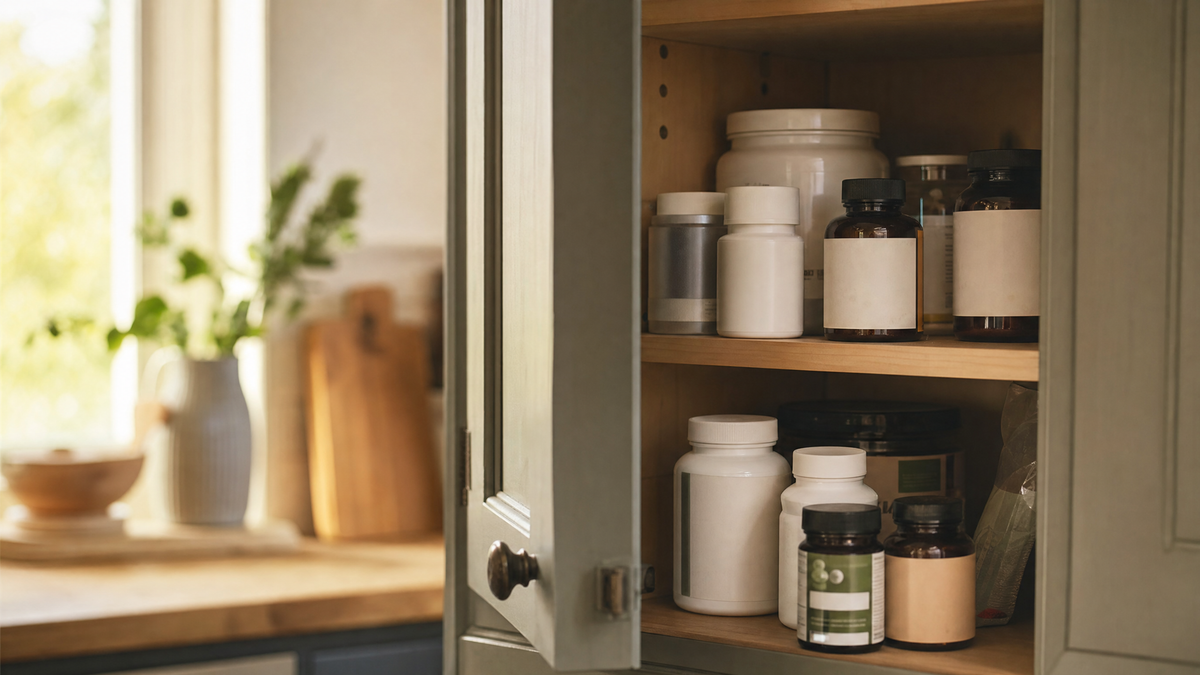 Kitchen cupboard with half-used supplement bottles on the shelf