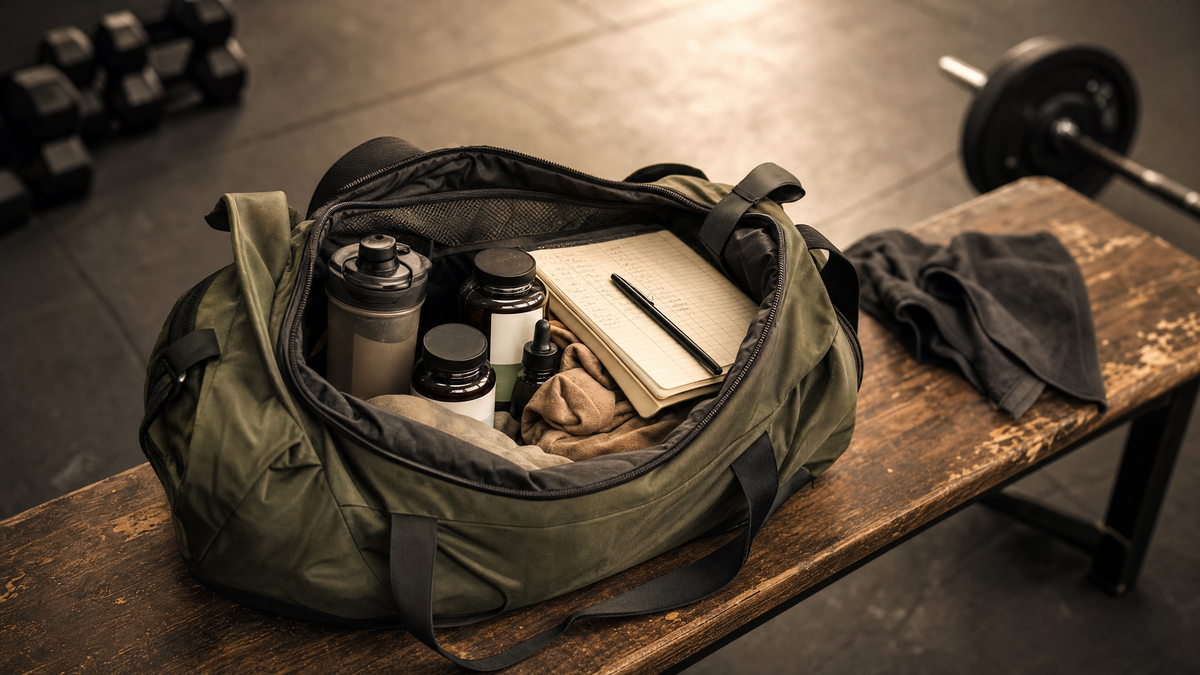 Gym duffel bag open on a worn wooden bench with supplement bottles inside
