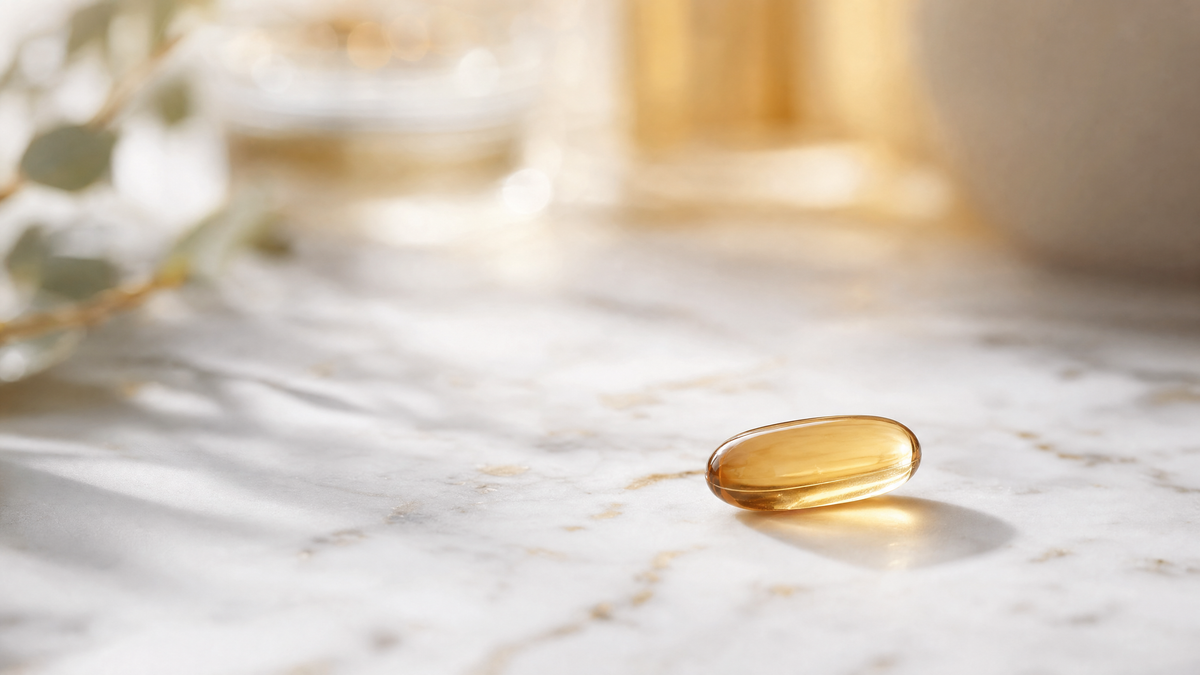 A translucent amber supplement capsule on white marble in soft daylight