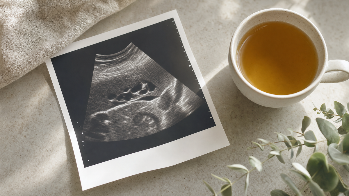 Medical ultrasound printout on a light surface next to a cup of tea