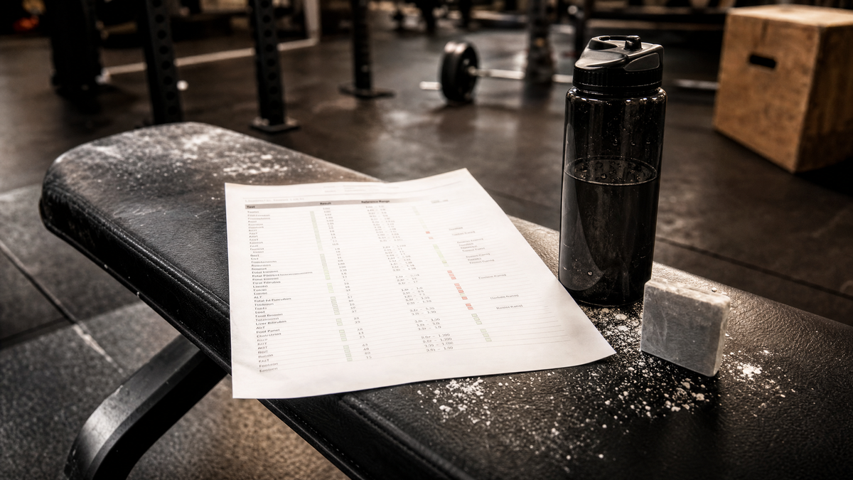 Blood test results sheet on a gym bench next to a water bottle