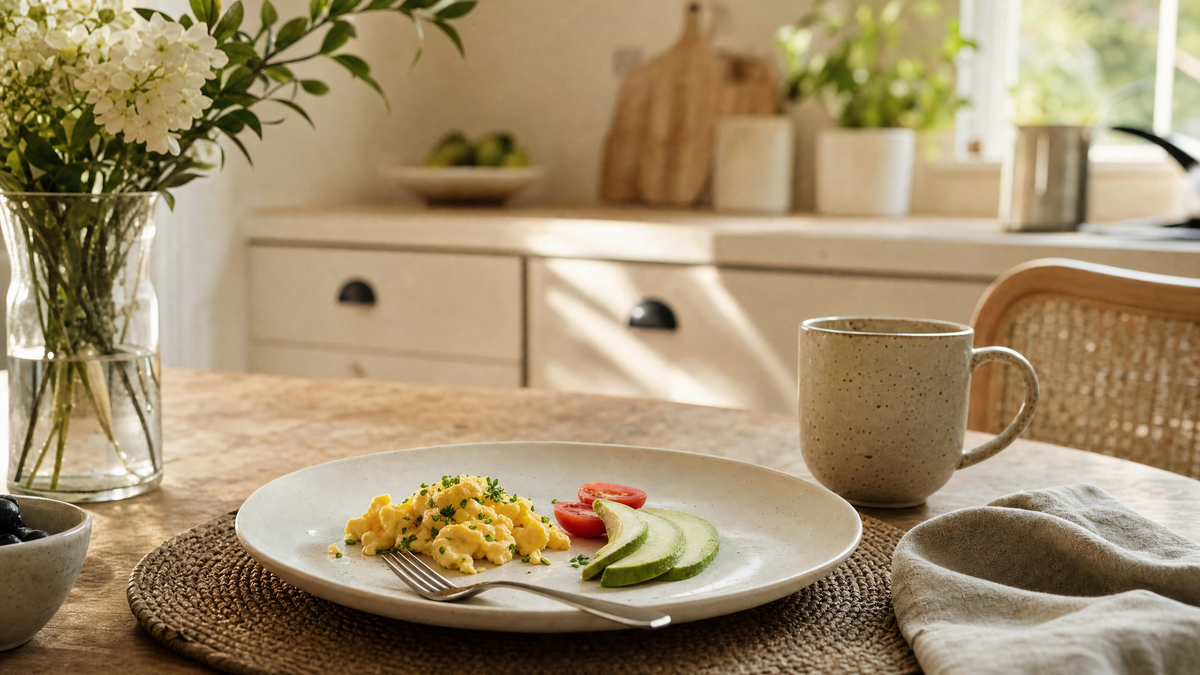 A barely-touched breakfast on a kitchen table in soft mid-morning daylight