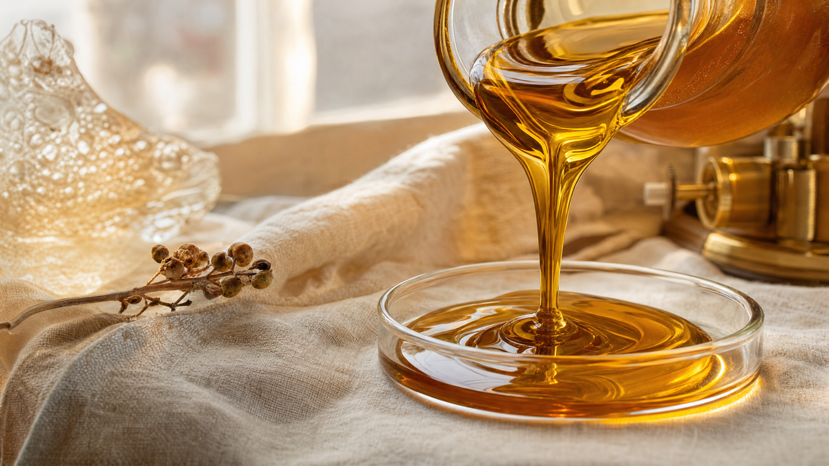 Amber-golden oil being poured slowly from a glass vessel in warm light