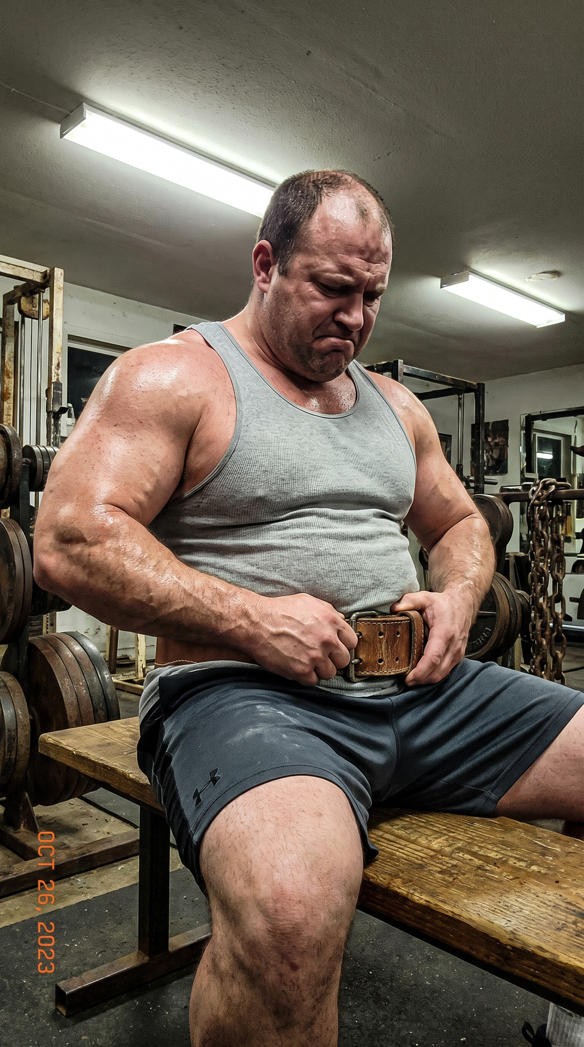 Lifter sitting on a bench struggling to latch a thick leather lifting belt over a bloated midsection
