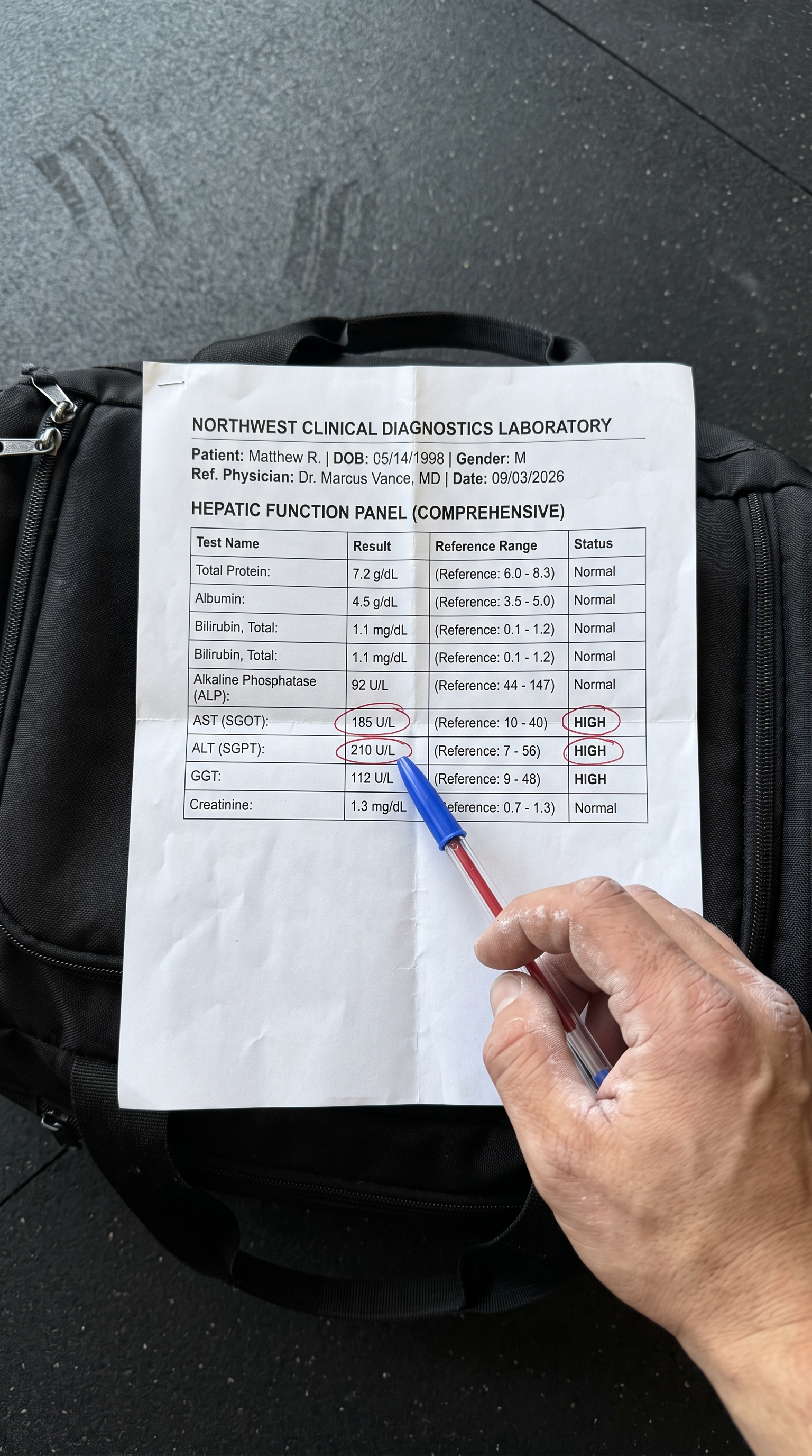 Printed pathology sheet with three liver enzyme values circled in red
