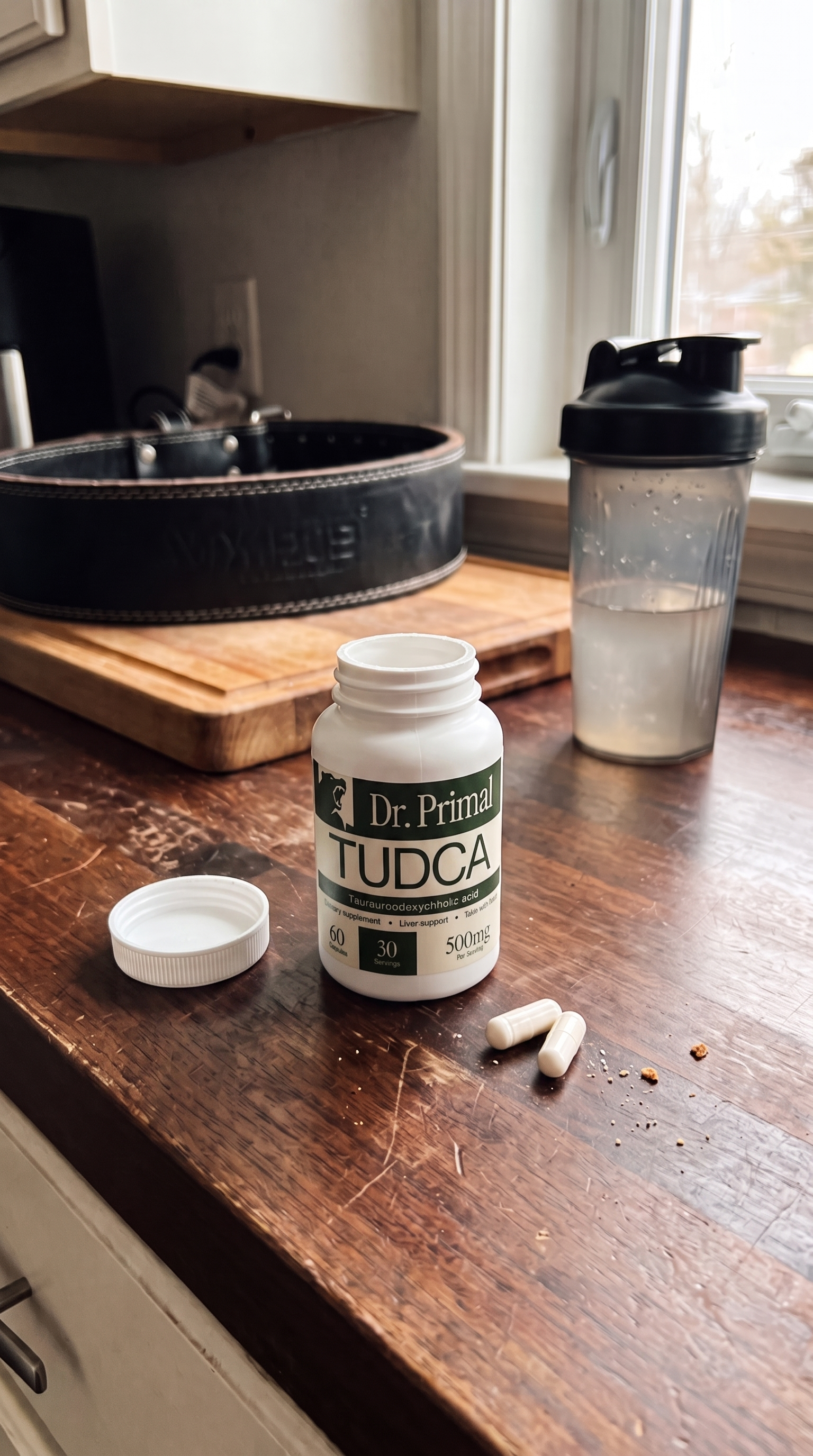 Dr. Primal TUDCA bottle with two capsules beside it
