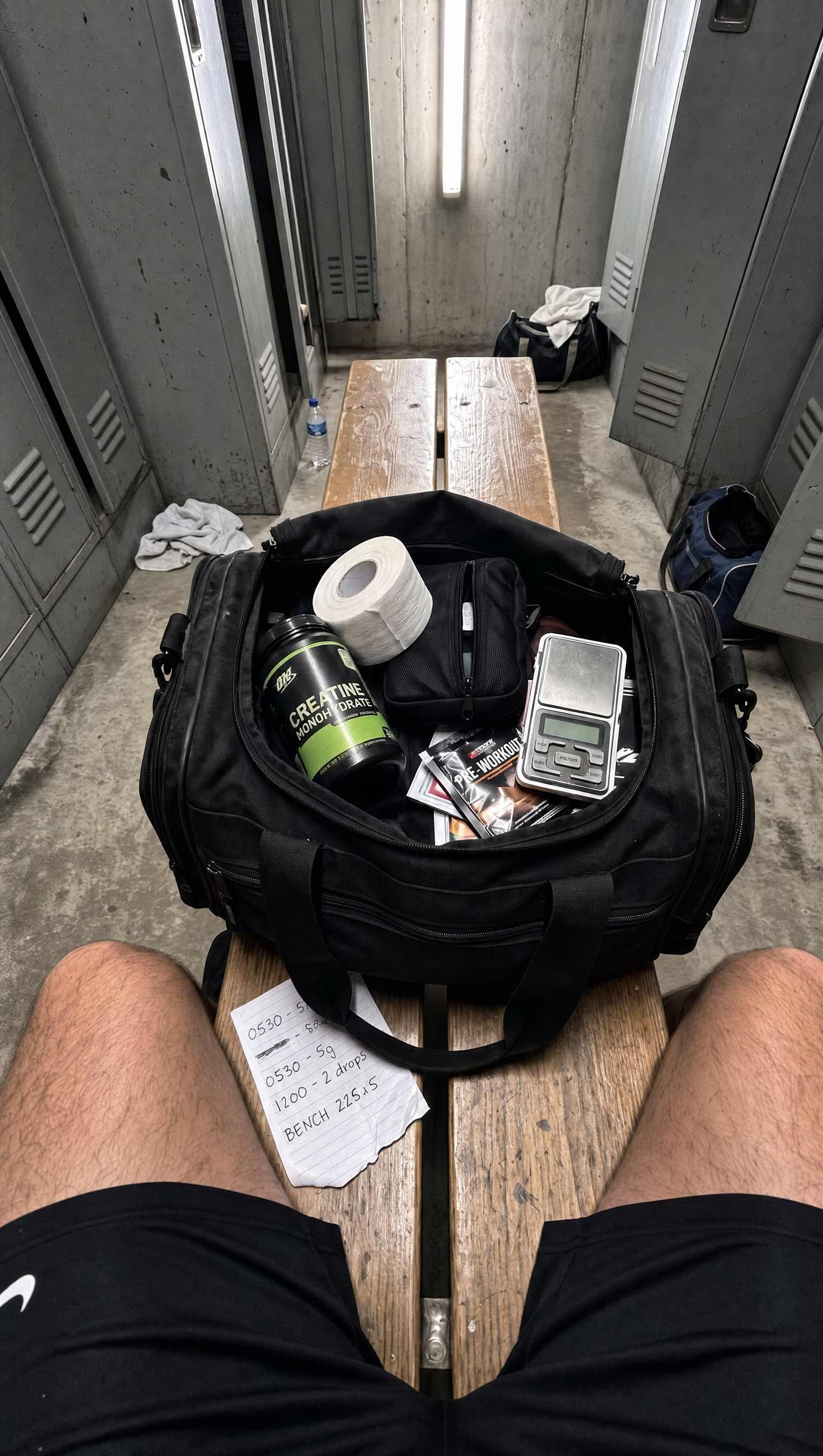 Kit bag open on a gym bench, supplements and a handwritten training log inside
