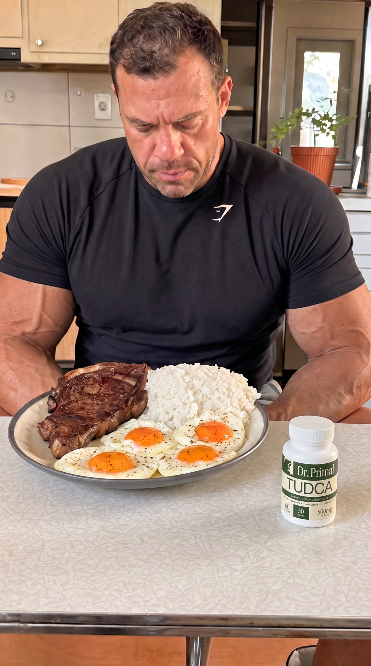 Recovery meal of ribeye, fried eggs and rice with an amber supplement bottle on the table