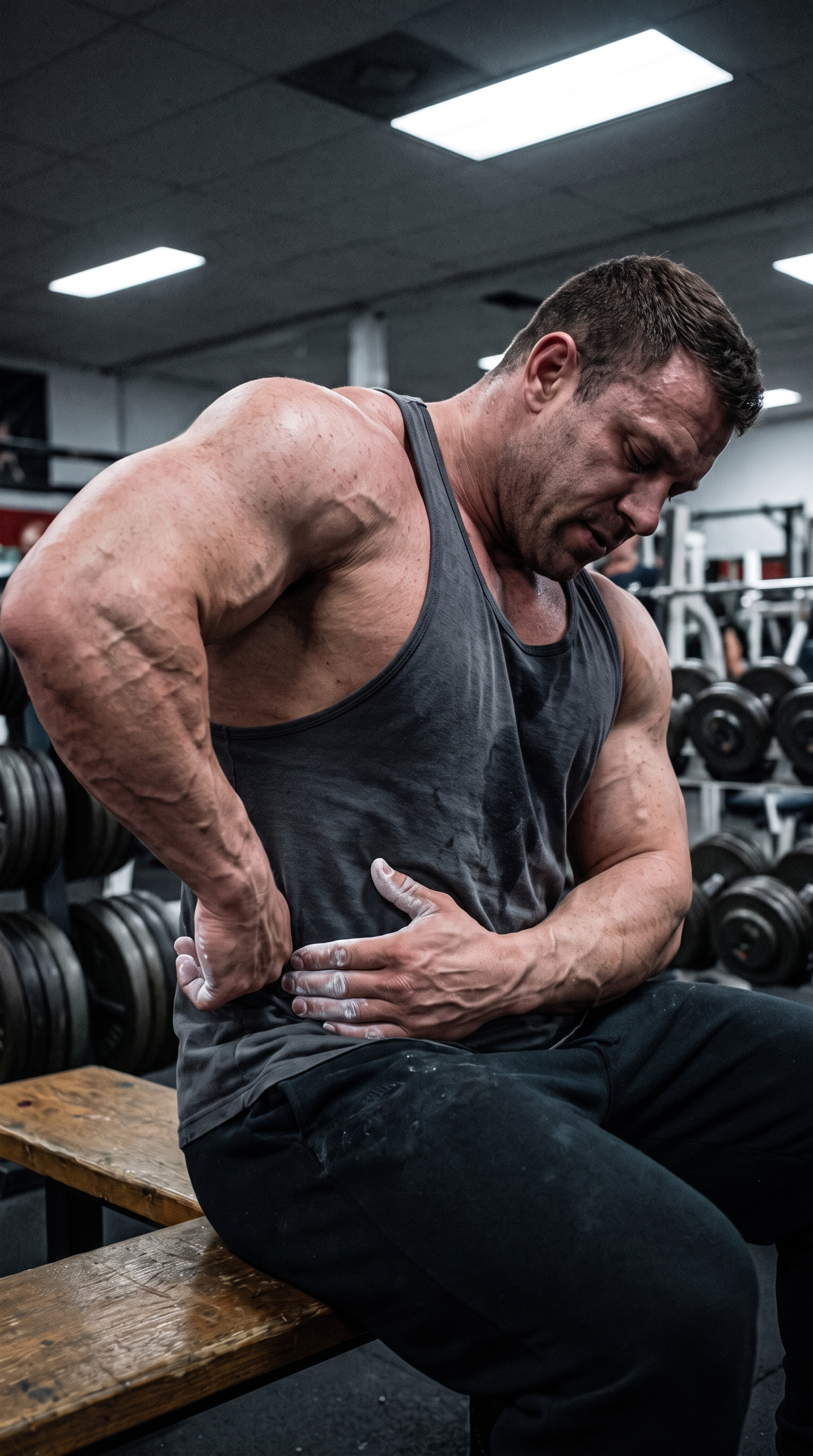 Lifter pressing fingers under the right ribcage between sets