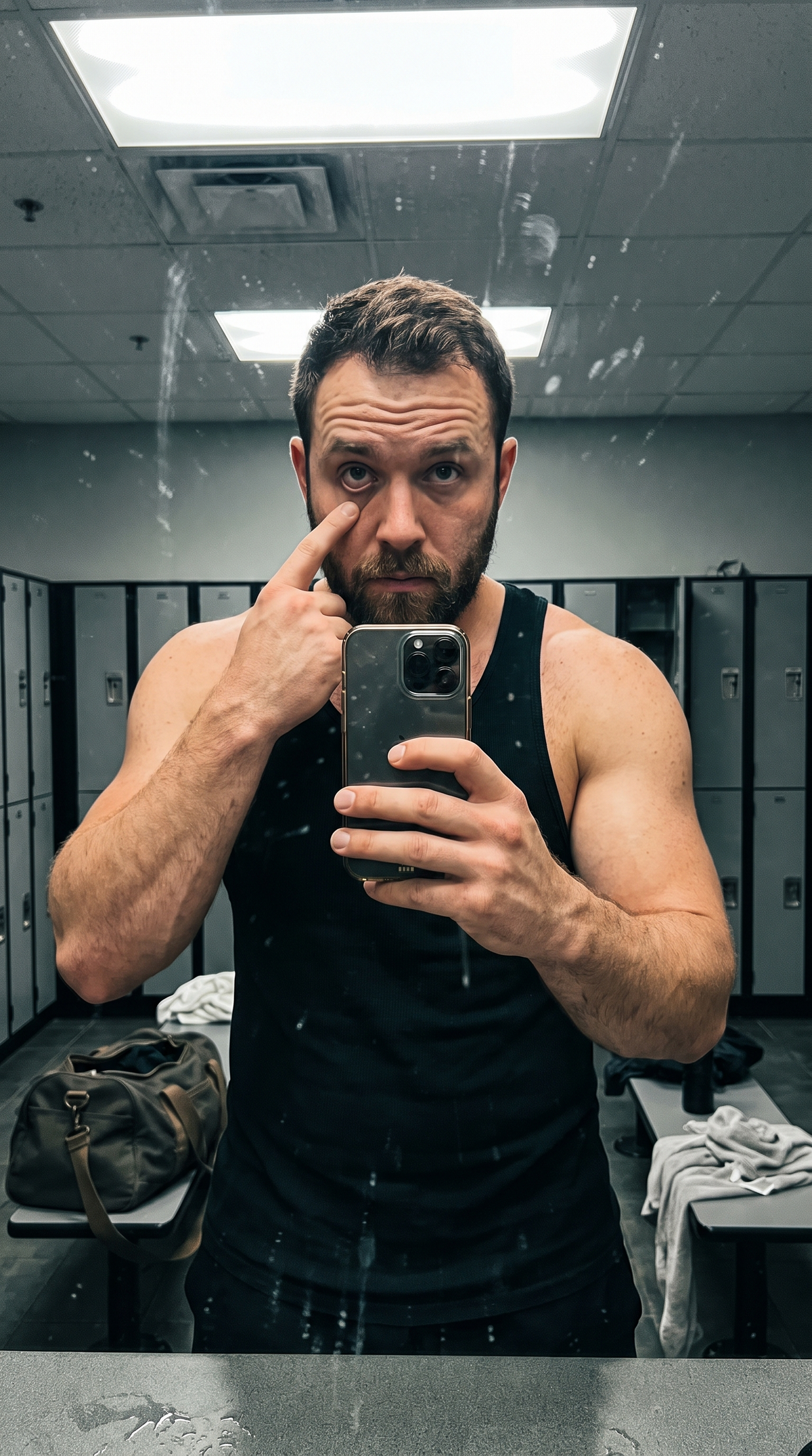 Athlete checking the whites of their eyes in a bathroom mirror under fluorescent light