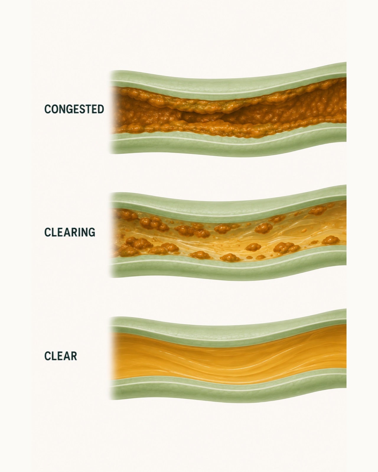 One bile duct shown three times, labelled congested, clearing and clear, as stagnant deposit breaks up and the duct runs freely.