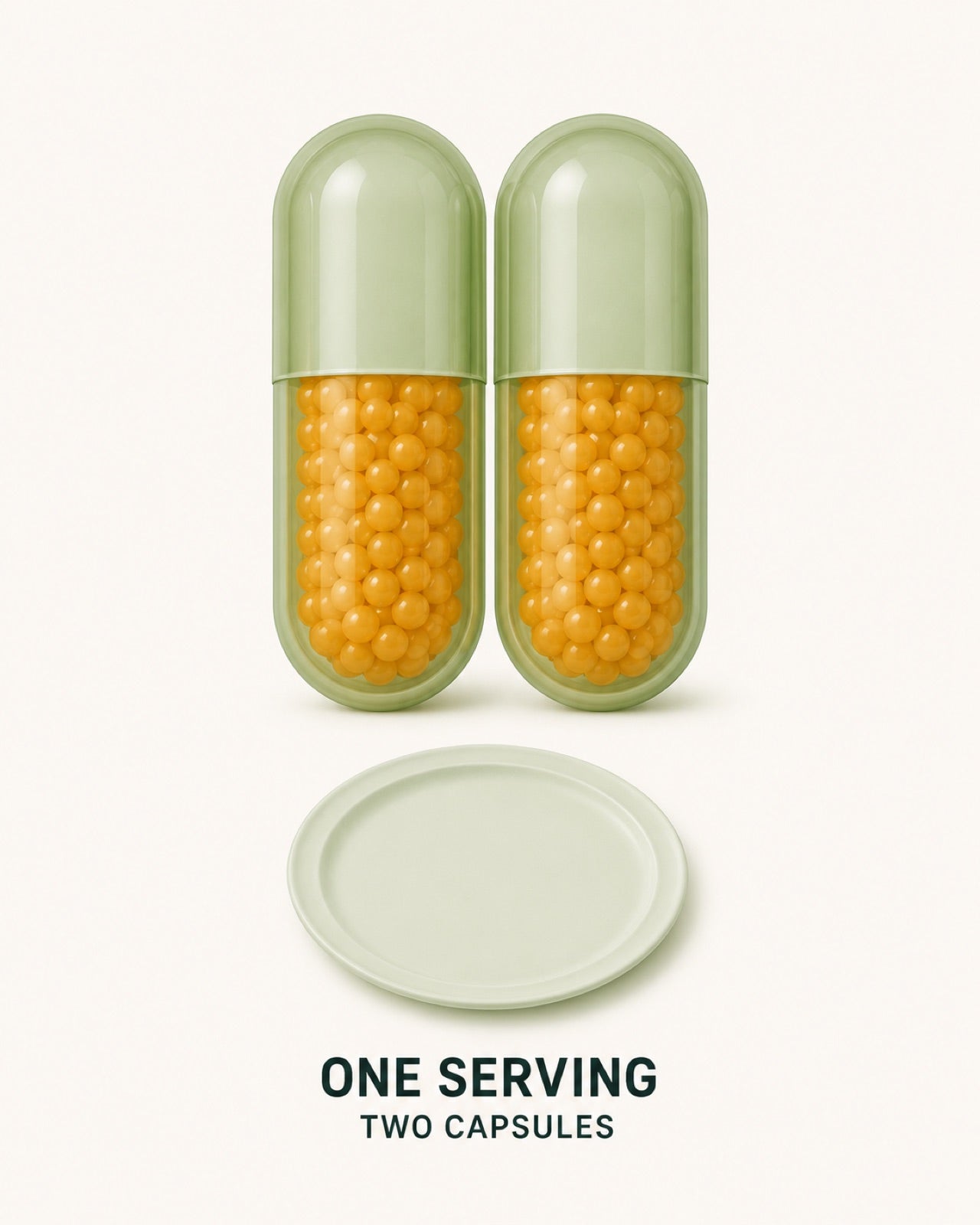 Two capsules side by side above a plain plate, labelled one serving, two capsules.