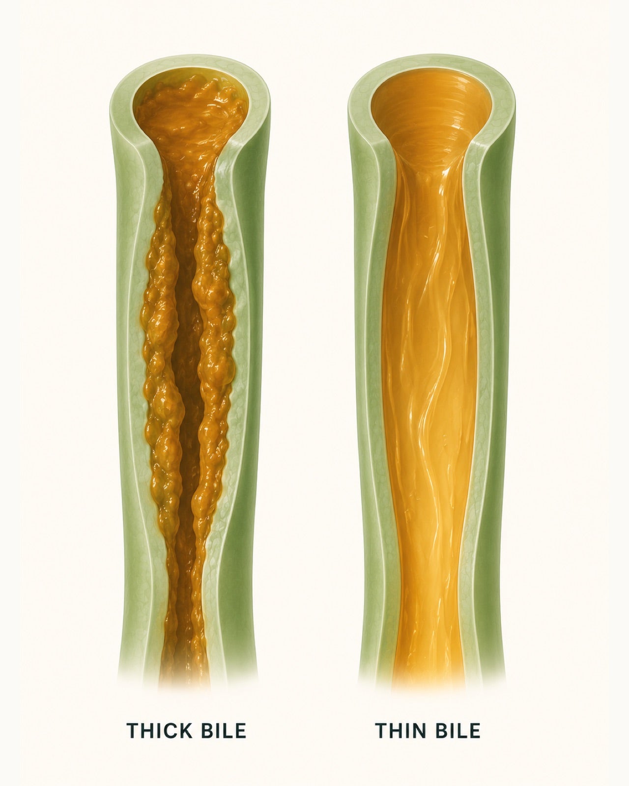 Two bile ducts side by side, labelled thick bile and thin bile. The left is congested with dark stagnant bile; the right runs clear.