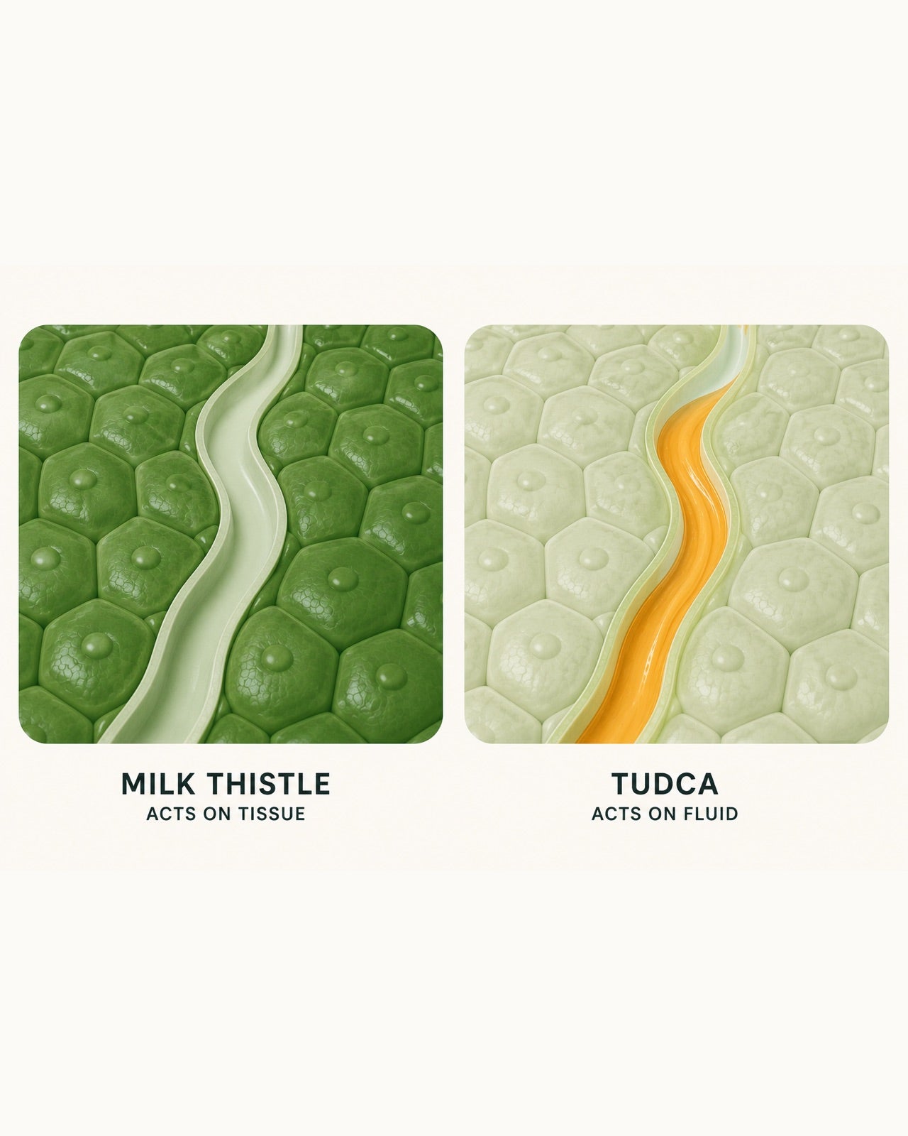 Two panels of the same liver tissue and bile duct. Left, labelled milk thistle, acts on tissue, with the cells highlighted. Right, labelled TUDCA, acts on fluid, with bile flowing through the duct.