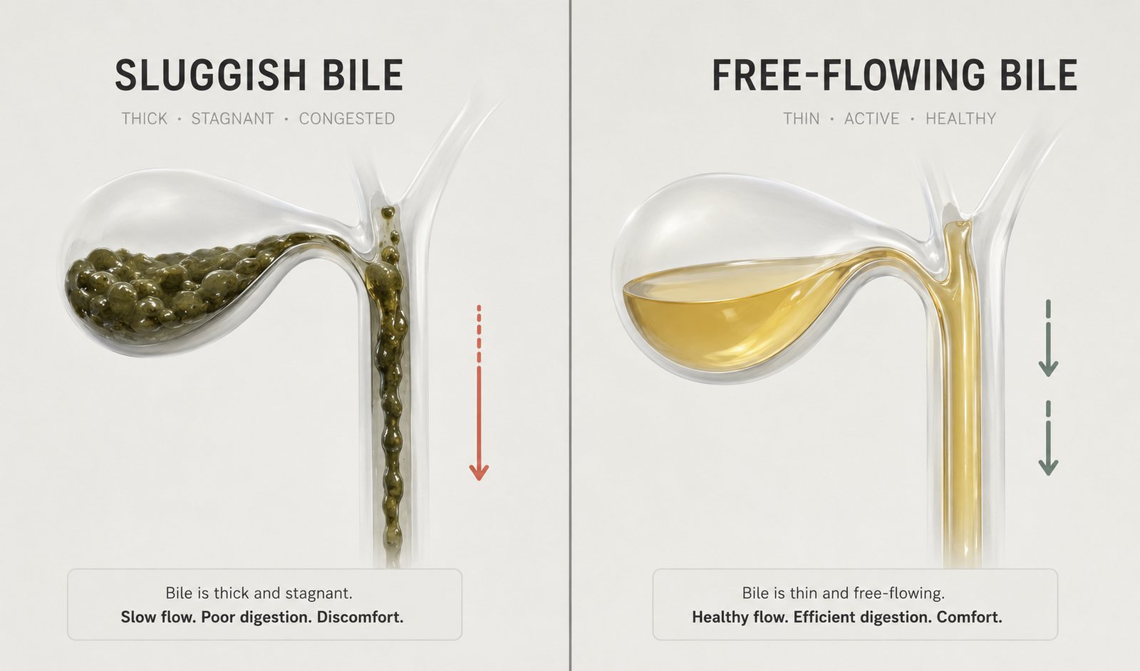 Sluggish bile: thick, stagnant, congested gallbladder and duct versus free-flowing bile: thin, active, healthy
