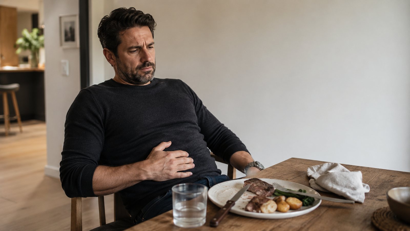 A man at the dinner table, hand on his stomach, plate of steak half-eaten