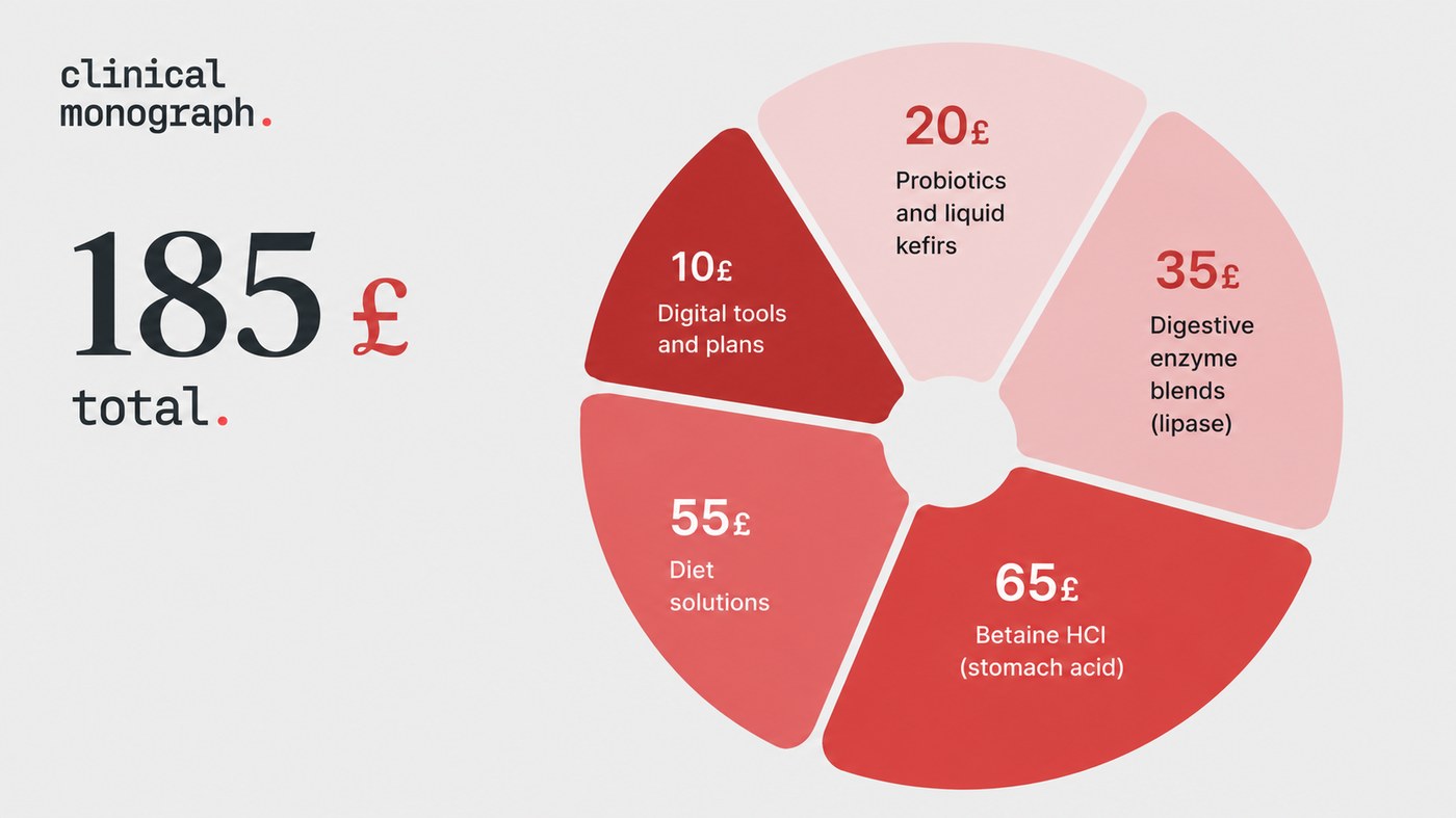 Breakdown of a typical £185 spend on gut remedies: £65 betaine HCl, £55 diet solutions, £35 digestive enzyme blends, £20 probiotics and kefirs, £10 digital tools and plans