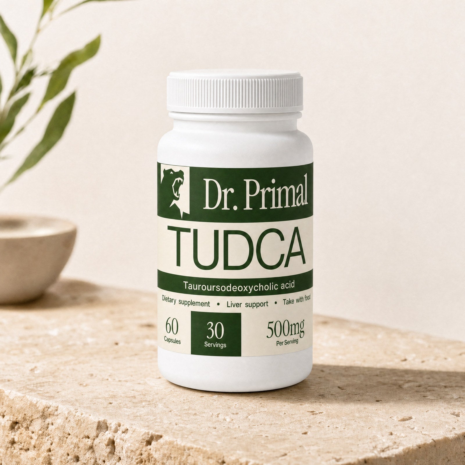 Dr.Primal TUDCA 500mg bottle, three-quarter view
