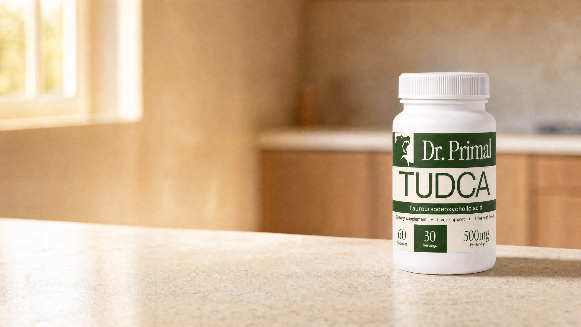 A frosted jar of Dr.Primal TUDCA 500mg on a stone kitchen worktop in morning light
