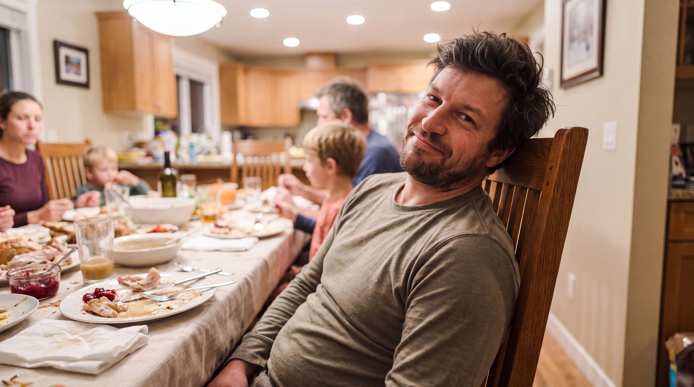 At the dinner table with the family, leaning back from a finished meal