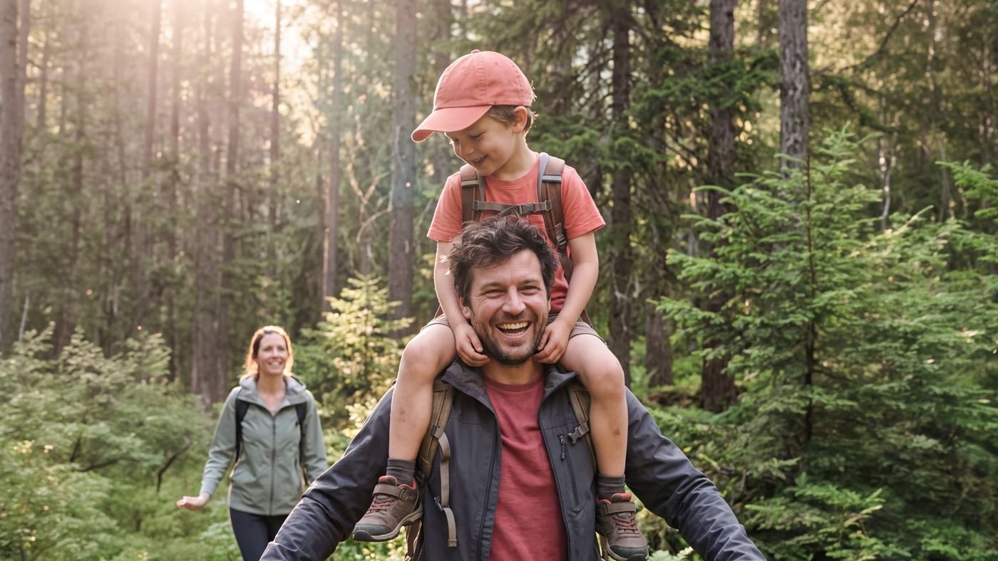 Hiking through the forest, laughing, son on his shoulders